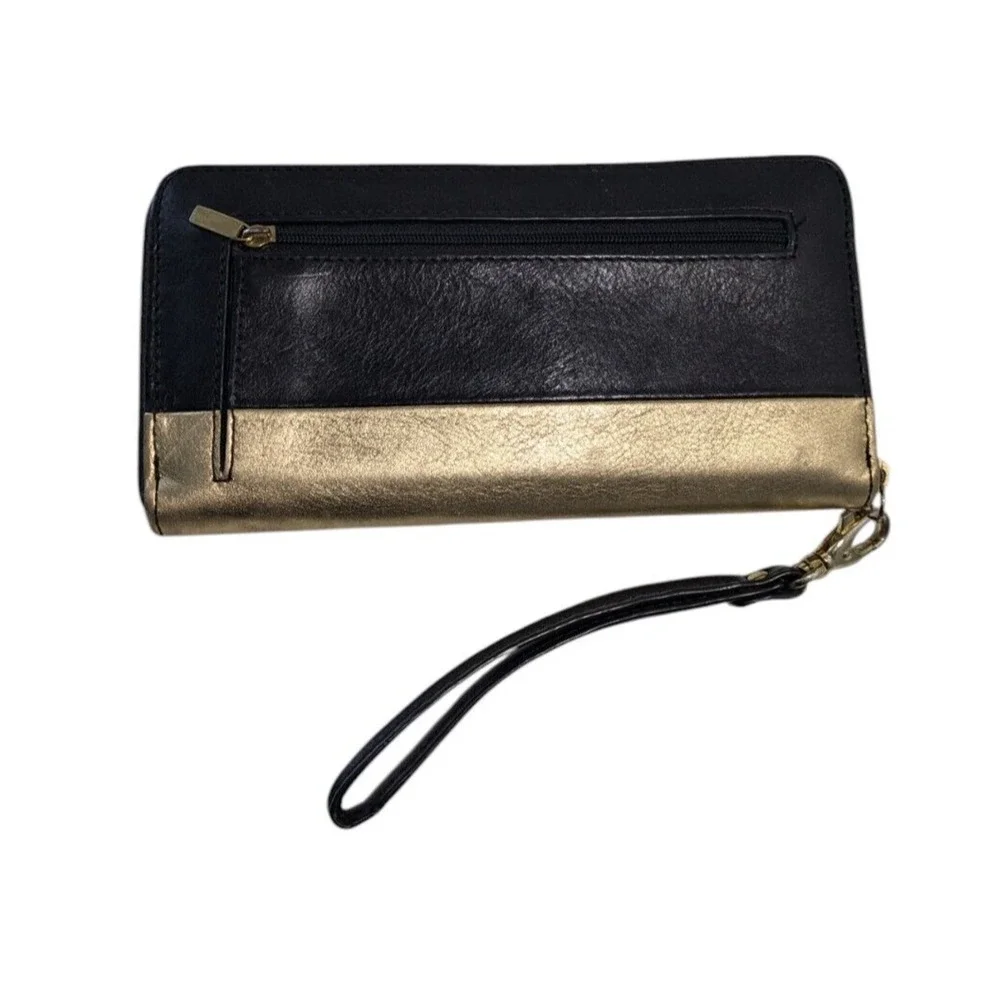 Fossil Sydney Wallet Black Metallic Gold Leather Wristlet Accordion Clutch